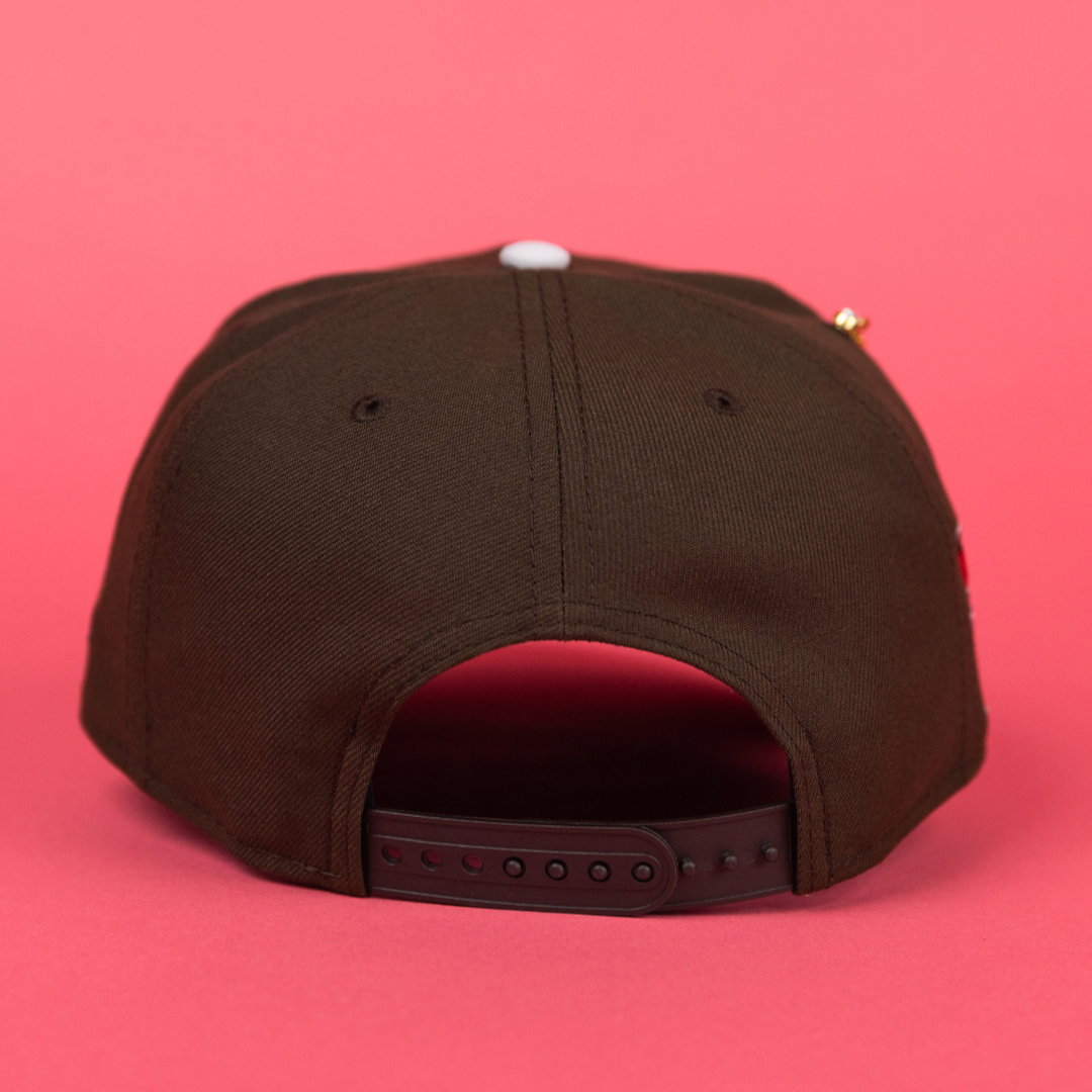 NEW ERA EXCLUSIVE 9FIFTY BROWN LOS ANGELES DODGERS SNAPBACK W/ SHOHEI OHTANI SCRIPT + JAPANESE BLUE BOLOSSOM SIDE PATCH