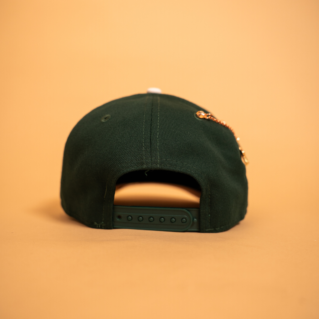 NEW ERA EXCLUSIVE 9FIFTY A-FRAME FOREST GREEN LOS ANGELES DODGERS SNAPBACK W/ PINK HEART + 50TH ANNIVERSARY SIDE PATCH