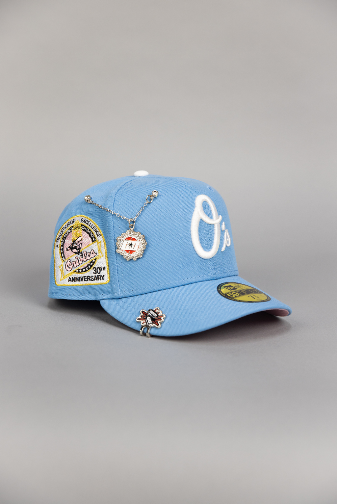 NEW ERA EXCLUSIVE 59FIFTY ICY BLUE BALTIMORE ORIOLES W/ 30TH ANNIVERSARY SIDE PATCH