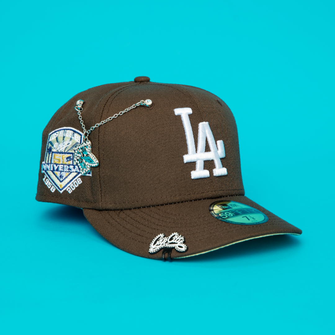 NEW ERA EXCLUSIVE 59FIFTY WALNUT LOS ANGELES DODGERS W/ 50TH ANNIVERSARY SIDE PATCH