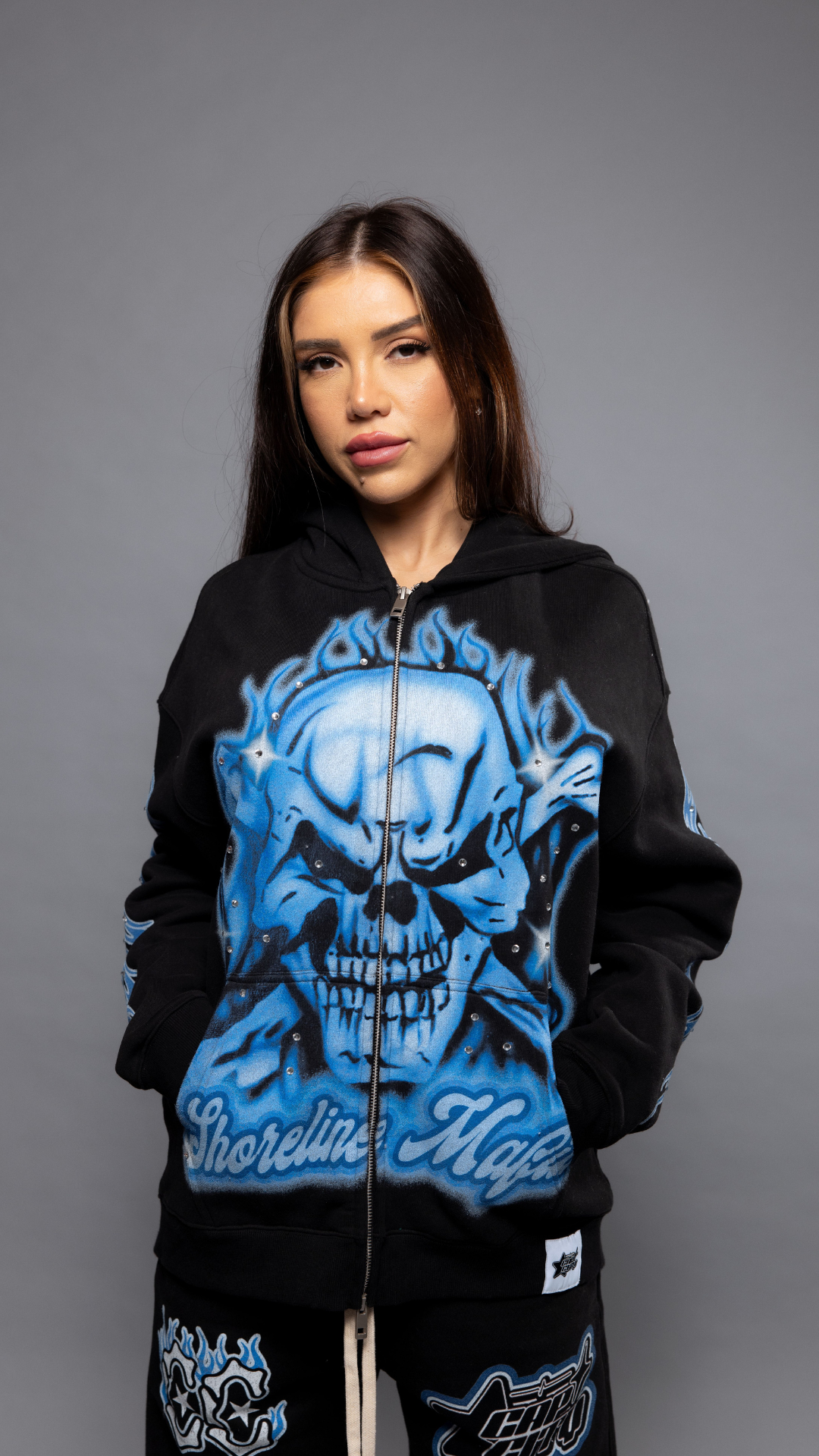 CAP CITY X SHORELINE MAFIA BLACK/BLUE AIR BRUSH ZIP UP HOODIE W/ RHINESTONES - UNISEX