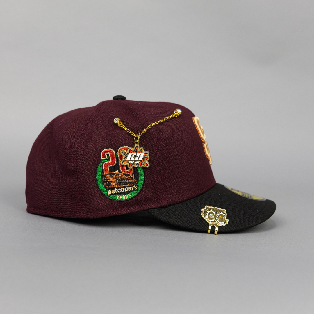 NEW ERA EXCLUSIVE 59FIFTY BURGUNDY/ BLACK SAN DIEGO PADRES W/ 20TH ANNIVERSARY SIDE PATCH