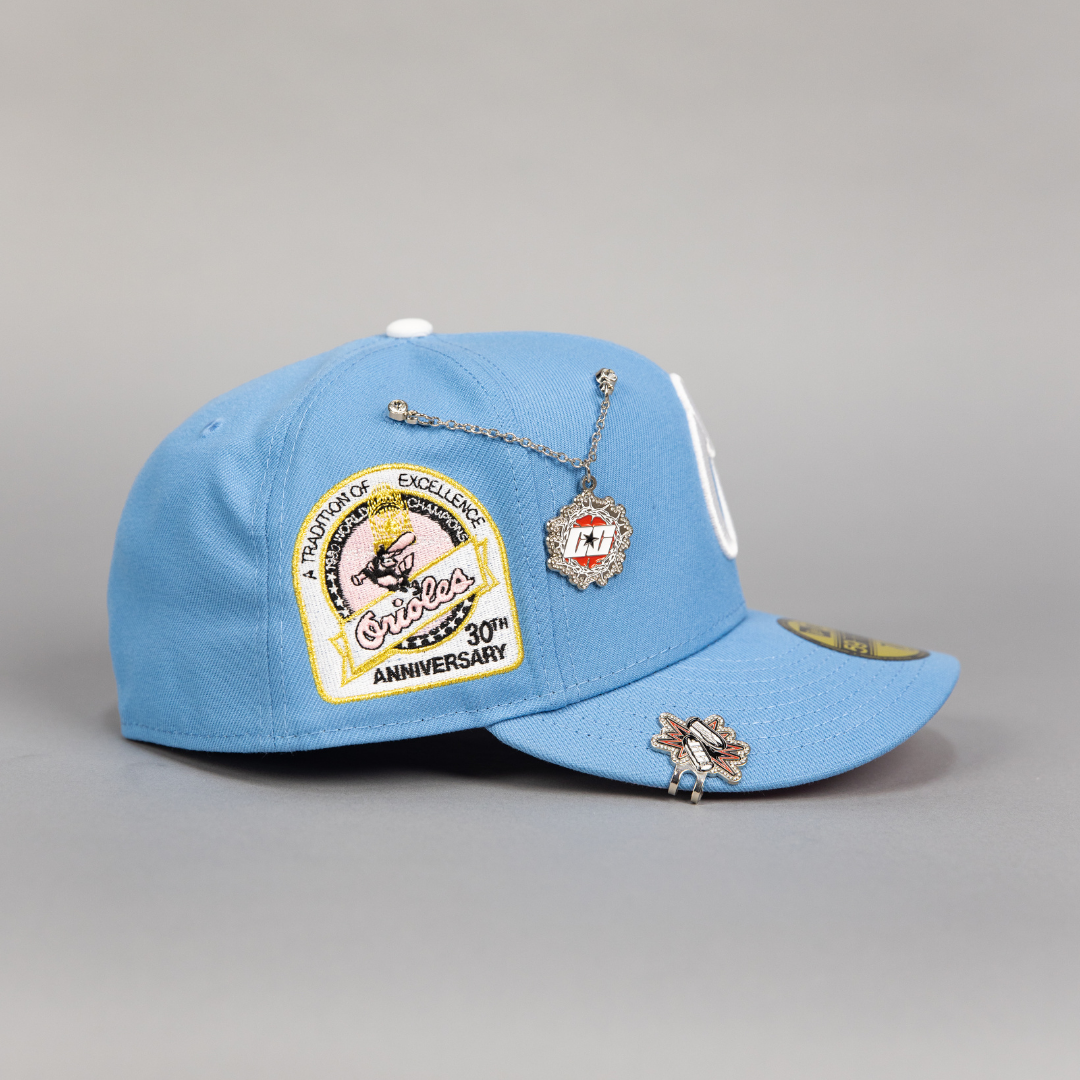 NEW ERA EXCLUSIVE 59FIFTY ICY BLUE BALTIMORE ORIOLES W/ 30TH ANNIVERSARY SIDE PATCH