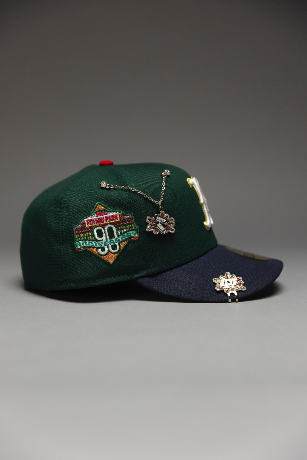 NEW ERA EXCLUSIVE 59FIFTY FOREST GREEN/NAVY BOSTON RED SOX W/ 90TH ANNIVERSARY SIDE PATCH