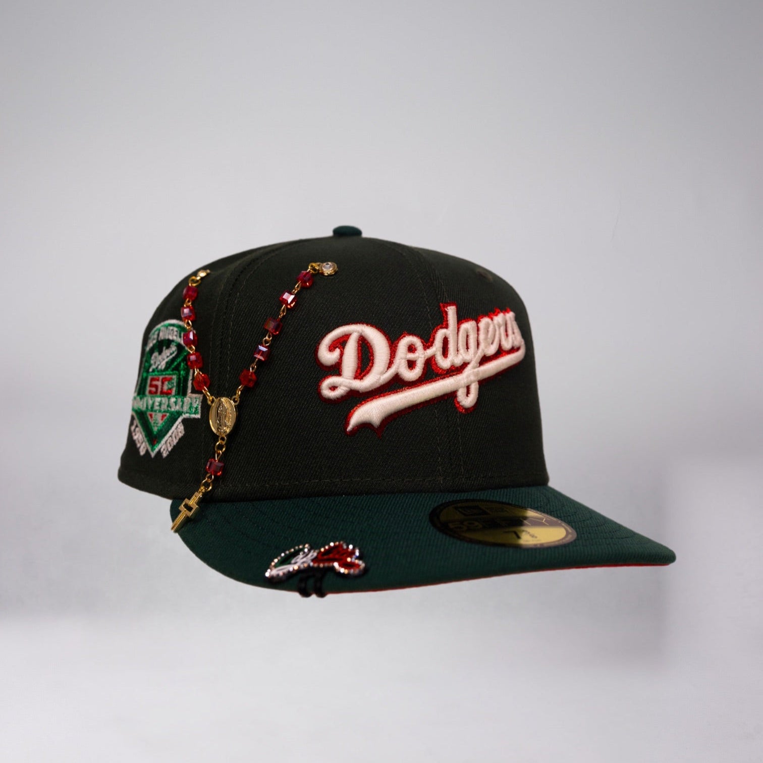 NEW ERA 59FIFTY EMERALD GREEN LOS ANGELES DODGERS SCRIPT W/ 50TH ANNIVERSARY SIDE PATCH