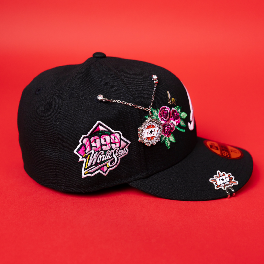 NEW ERA EXCLUSIVE 59FIFTY BLACK ATLANTA BRAVES W/ PINK ROSES + 1999 WORLD SERIES SIDE PATCH