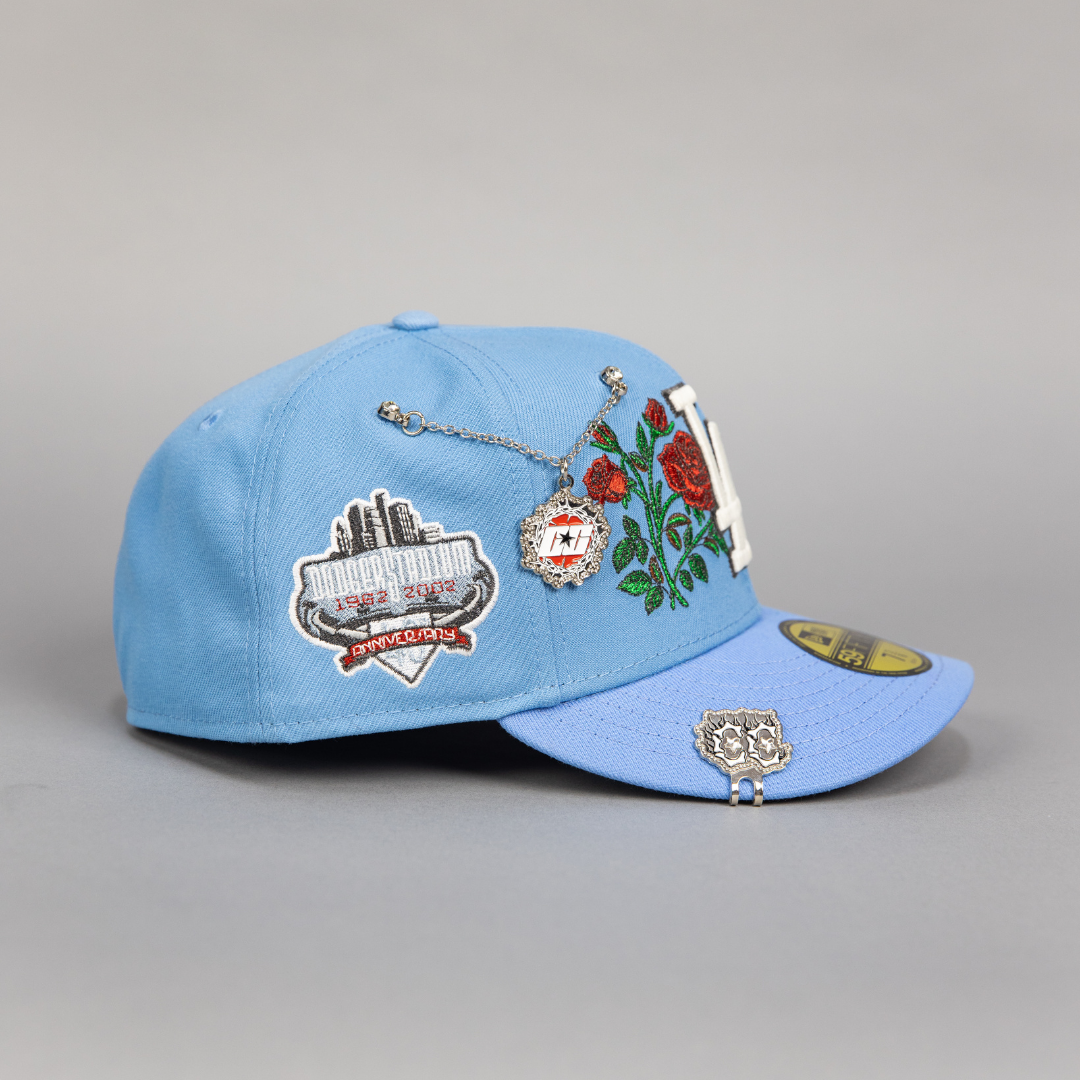 NEW ERA EXCLUSIVE 59FIFTY ICY BLUE LOS ANGELES DODGERS W/ BLOOMING ROSES + 40TH ANNIVERSARY SIDE PATCH