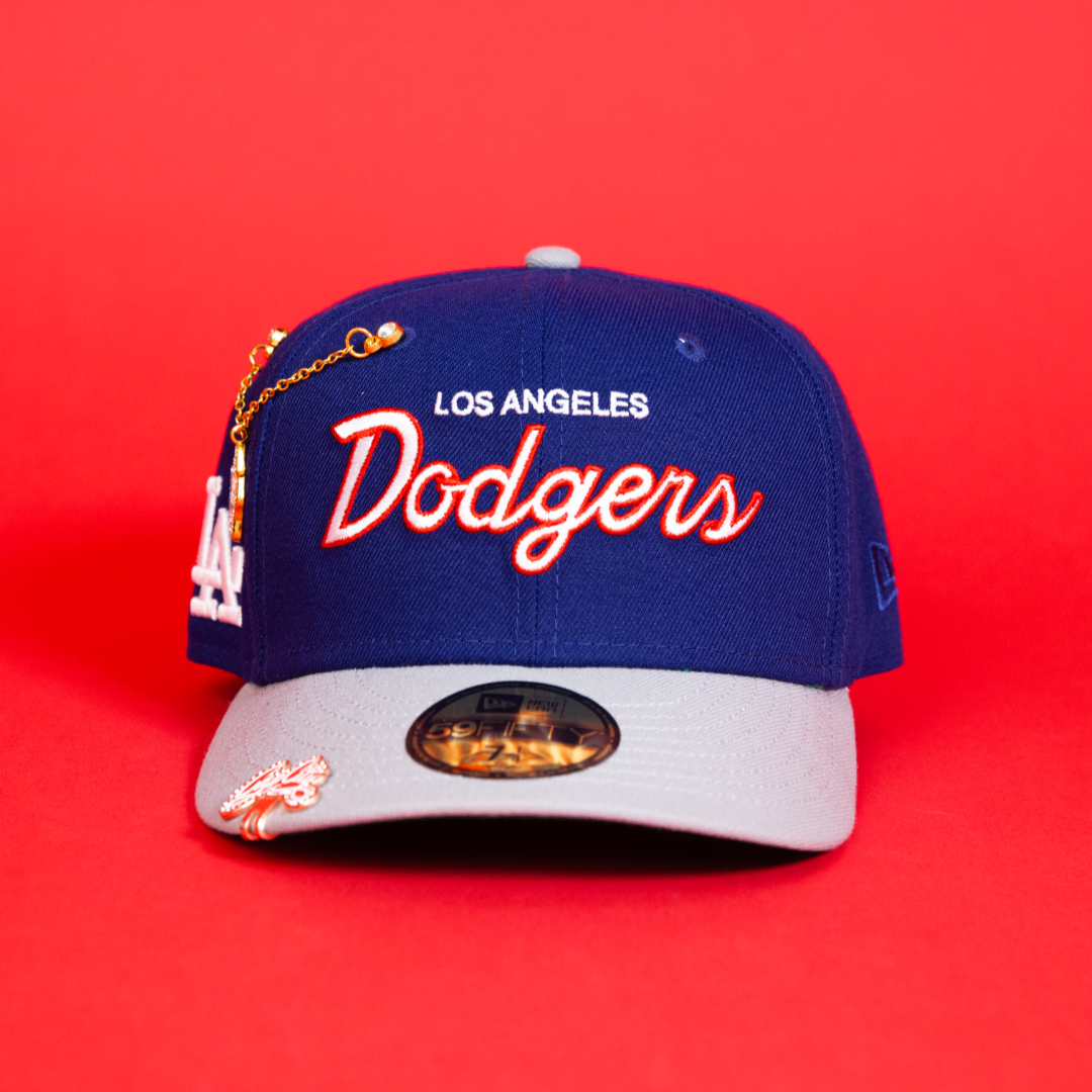 NEW ERA EXCLUSIVE 59FIFTY BLUE/ GREY LOS ANGELES DODGERS SCRIPT W/ LA LOGO SIDE PATCH