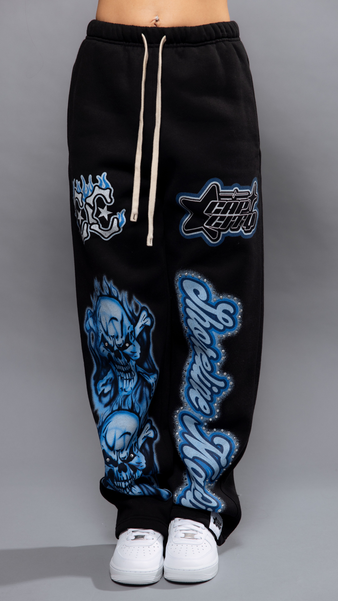 CAP CITY X SHORELINE MAFIA BLACK/BLUE AIR BRUSH PANTS W/ RHINESTONES - UNISEX