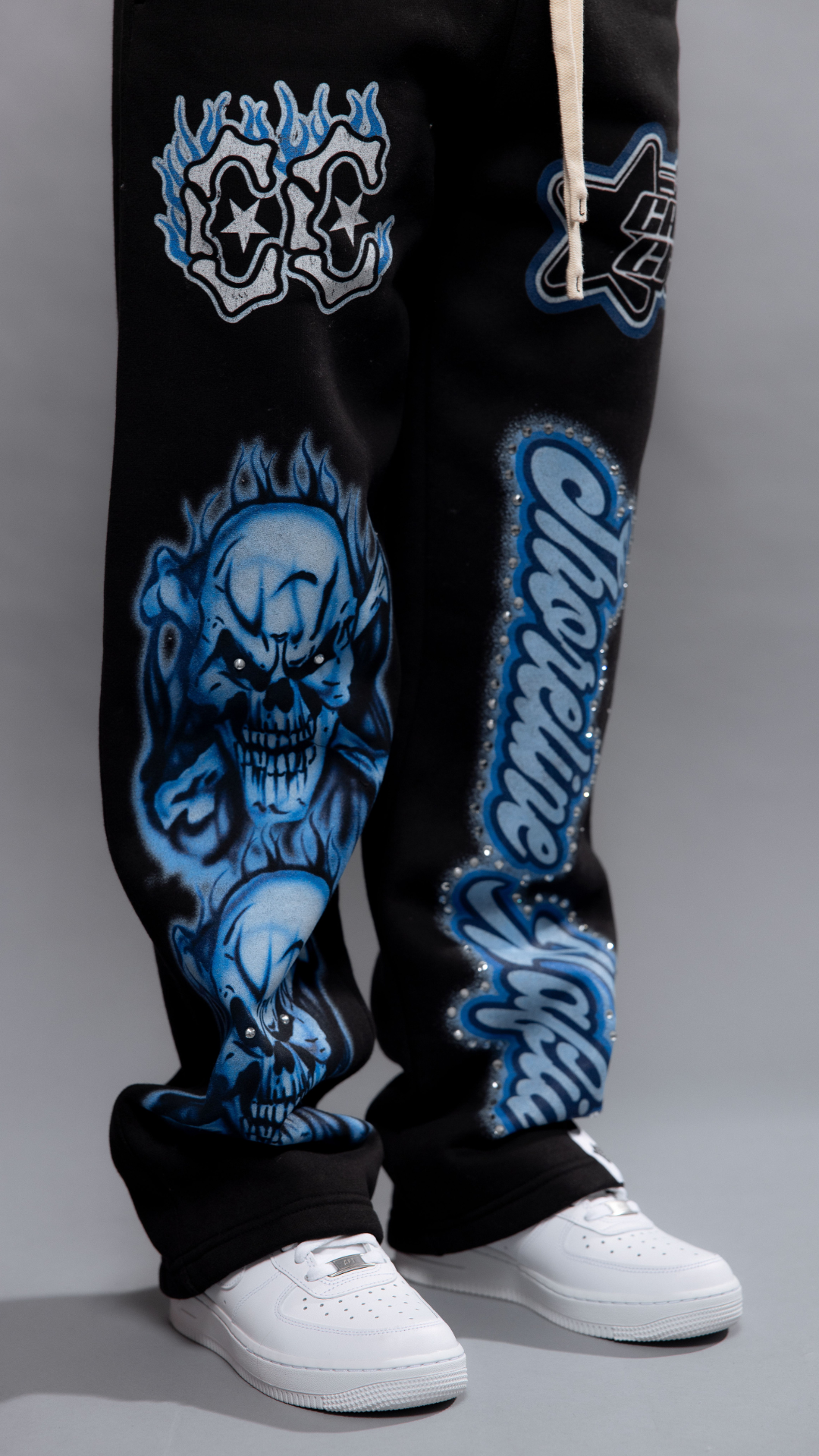 CAP CITY X SHORELINE MAFIA BLACK/BLUE AIR BRUSH PANTS W/ RHINESTONES - UNISEX