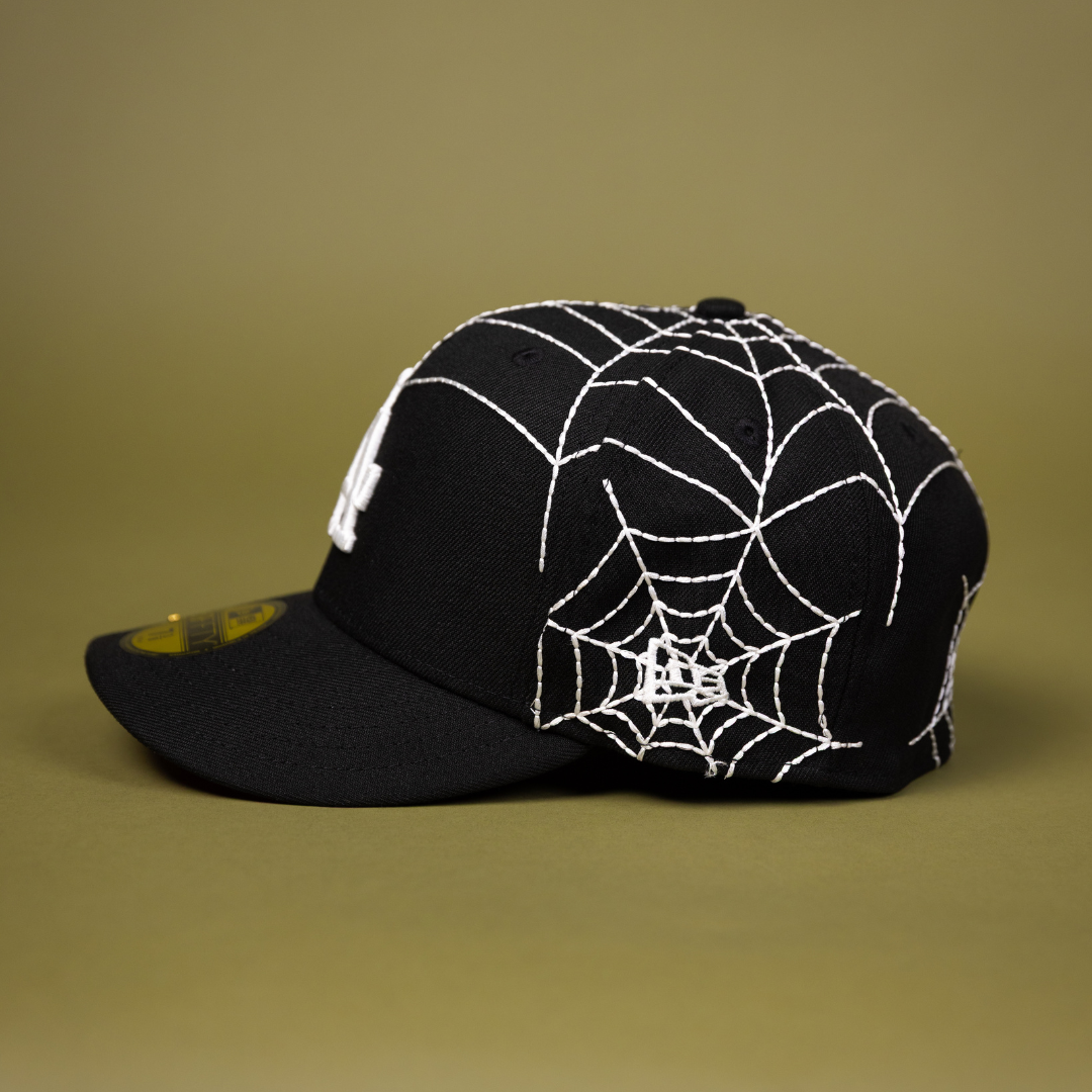 NEW ERA EXCLUSIVE 59FIFTY BLACK LOS ANGELES DODGERS W/ SPIDER WEB + WORLD SERIES CHAMPIONS SIDE PATCH