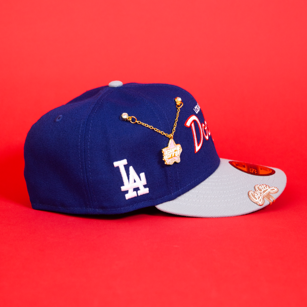 NEW ERA EXCLUSIVE 59FIFTY BLUE/ GREY LOS ANGELES DODGERS SCRIPT W/ LA LOGO SIDE PATCH