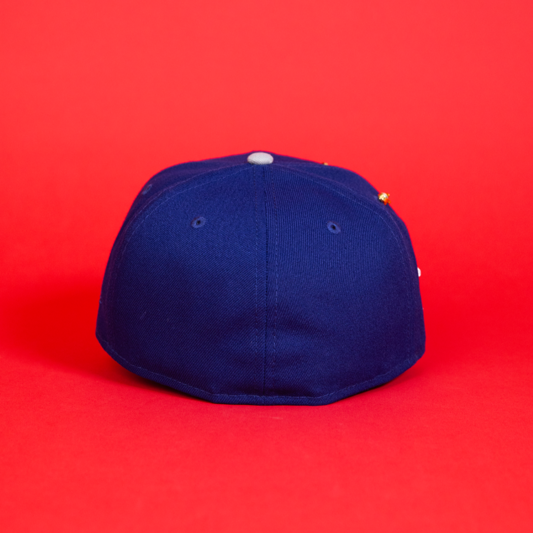 NEW ERA EXCLUSIVE 59FIFTY BLUE/ GREY LOS ANGELES DODGERS SCRIPT W/ LA LOGO SIDE PATCH