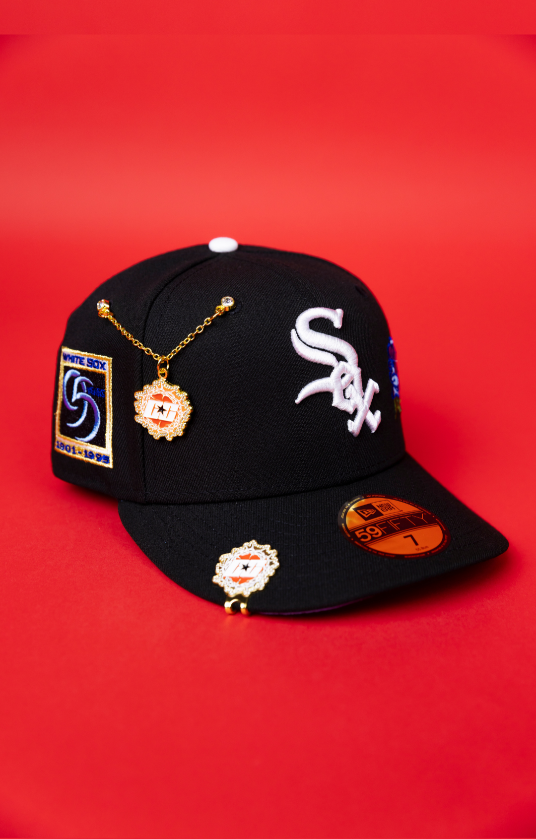 NEW ERA EXCLUSIVE 59FIFTY BLACK CHICAGO WHITE SOX W/ BLUE ROSE + 95TH ANNIVERSARY SIDE PATCH