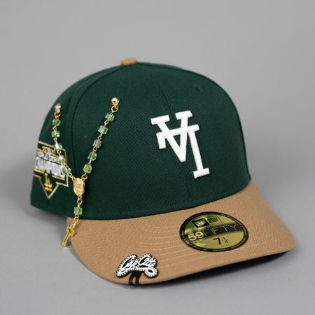 NEW ERA EXCLUSIVE 59FIFTY FOREST GREEN/ KHAKI UPSIDE DOWN LOS ANGELES DODGERS W/ WORLD SERIES CHAMPIONS SIDE PATCH