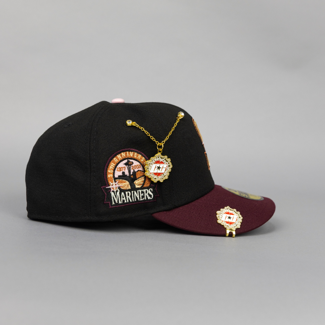 NEW ERA EXCLUSIVE 59FIFTY BLACK/ BURGUNDY SEATTLE MARINERS W/ ANNIVERSARY SIDE PATCH