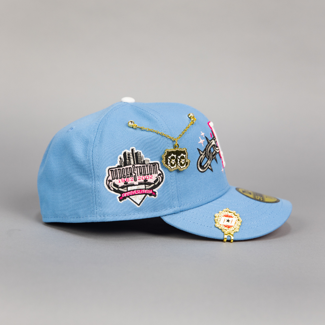 NEW ERA EXCLUSIVE 59FIFTY ICY BLUE LOS ANGELES DODGERS W/ EMBROIDERY + 40TH ANNIVERSARY SIDE PATCH
