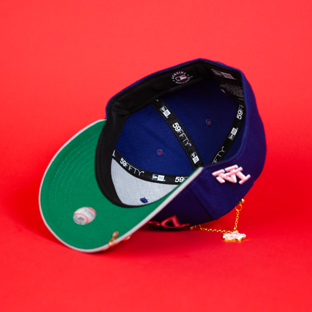 NEW ERA EXCLUSIVE 59FIFTY BLUE/ GREY LOS ANGELES DODGERS SCRIPT W/ LA LOGO SIDE PATCH