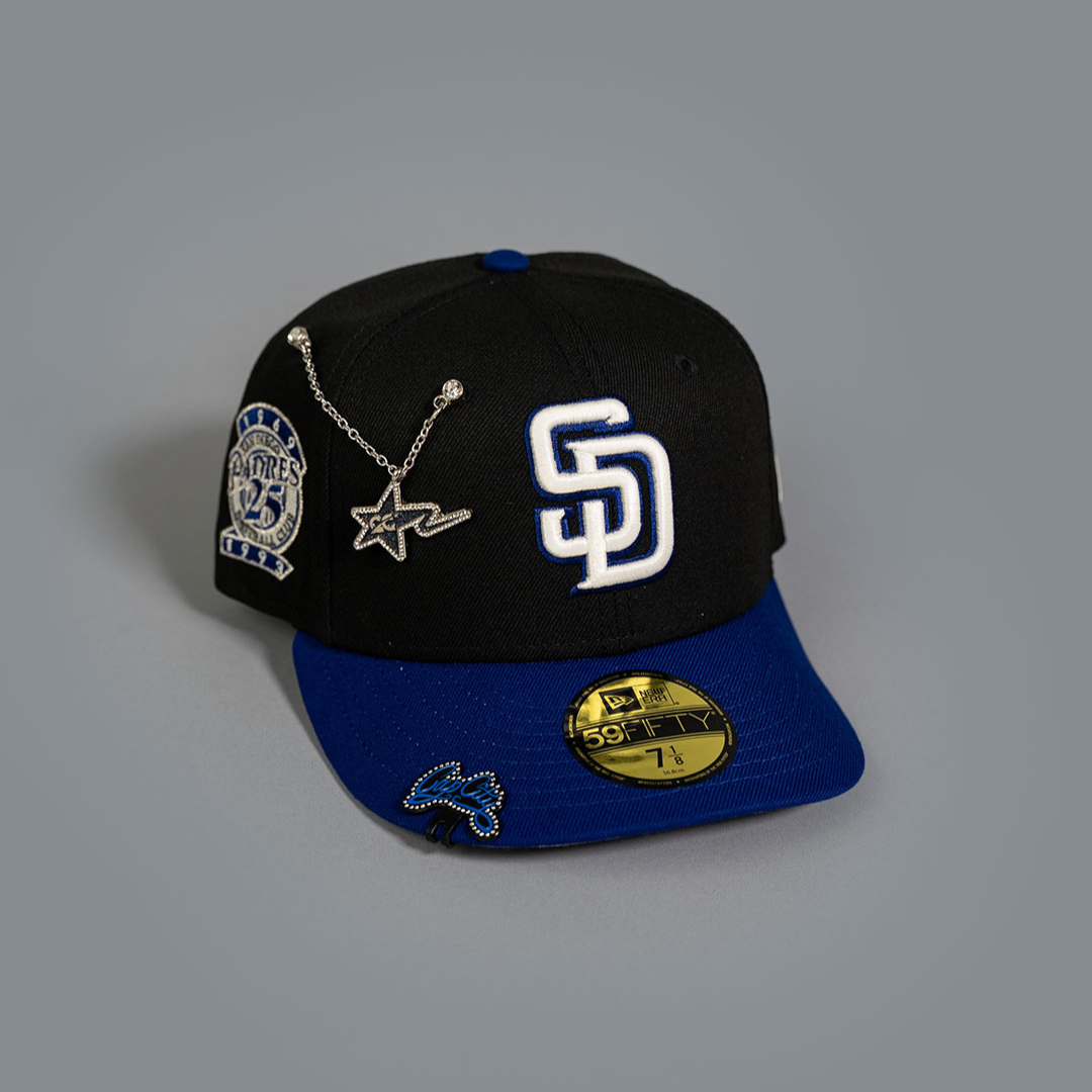NEW ERA EXCLUSIVE 59FIFTY BLACK/ DARK BLUE SAN DIEGO PADRES W/ ALL STAR GAME SIDE PATCH