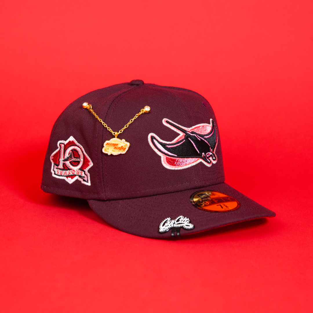 NEW ERA EXCLUSIVE 59FIFTY BURGUNDY TAMPA BAY DEVILRAYS W/ 10TH SEASON SIDE PATCH