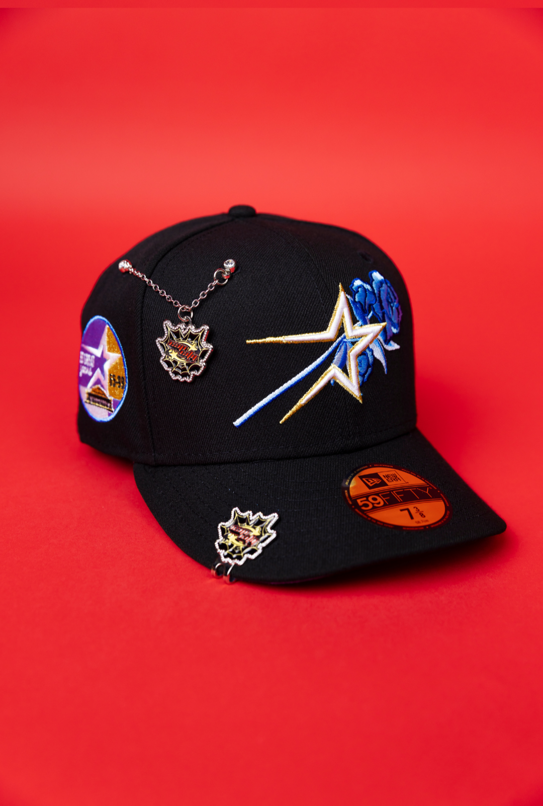 NEW ERA EXCLUSIVE 59FIFTY BLACK HOUSTON ASTROS W/ BLUE ROSE + "35 GREAT YEARS" SIDE PATCH