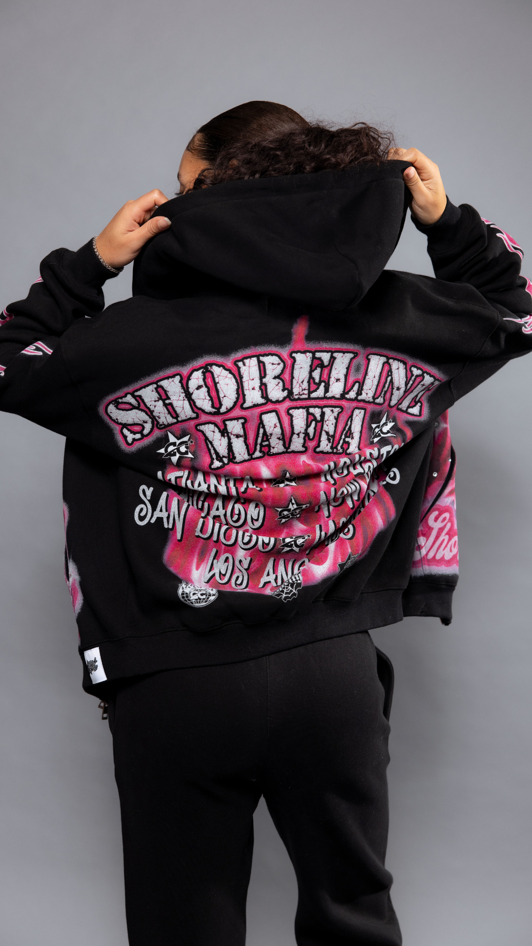 CAP CITY X SHORELINE MAFIA BLACK/PINK AIR BRUSH ZIP UP HOODIE W/ RHINESTONES - UNISEX