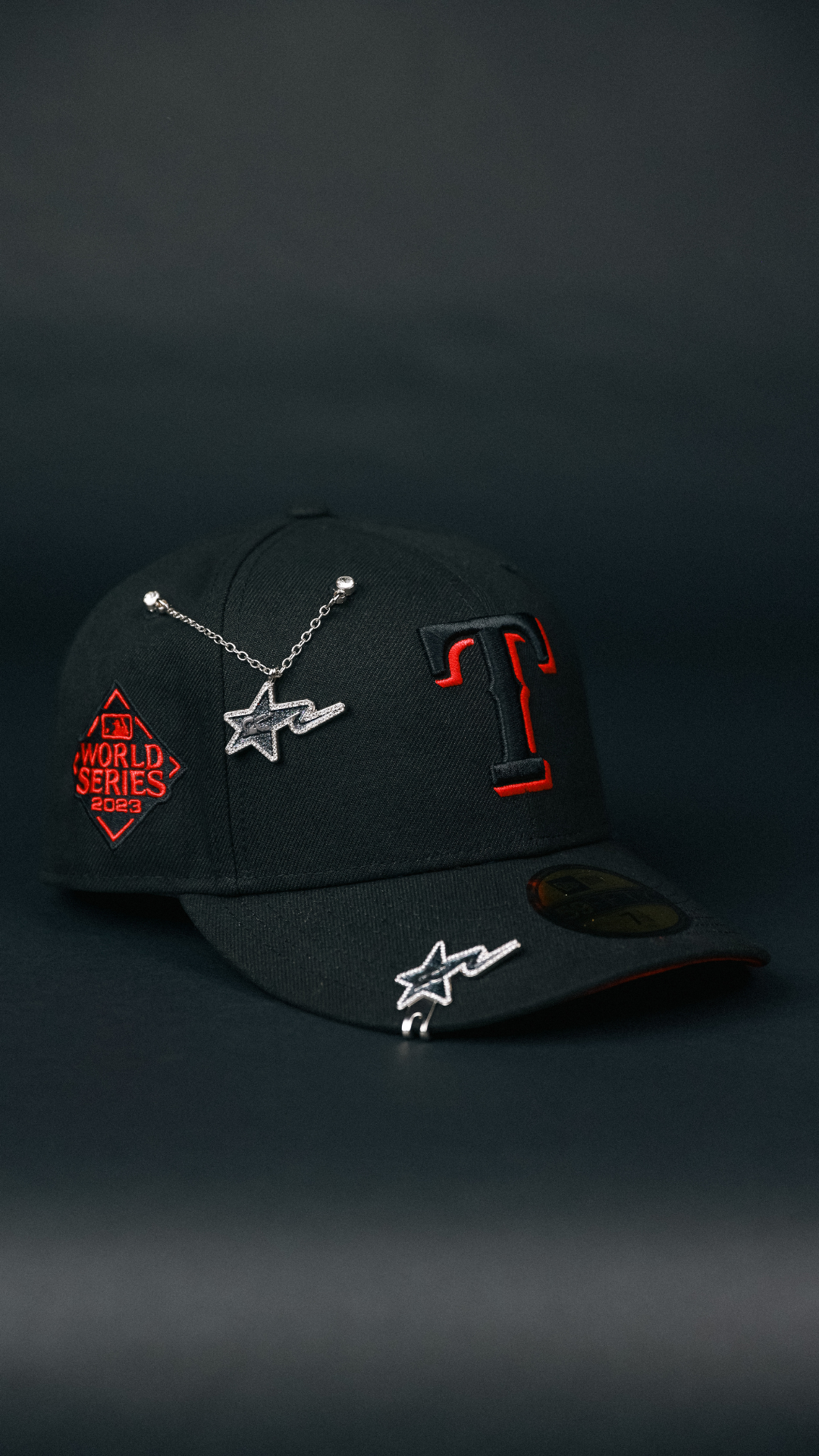 NEW ERA EXCLUSIVE 59FIFTY BLACKED OUT TEXAS RANGERS W/ WORLD SERIES SIDE PATCH