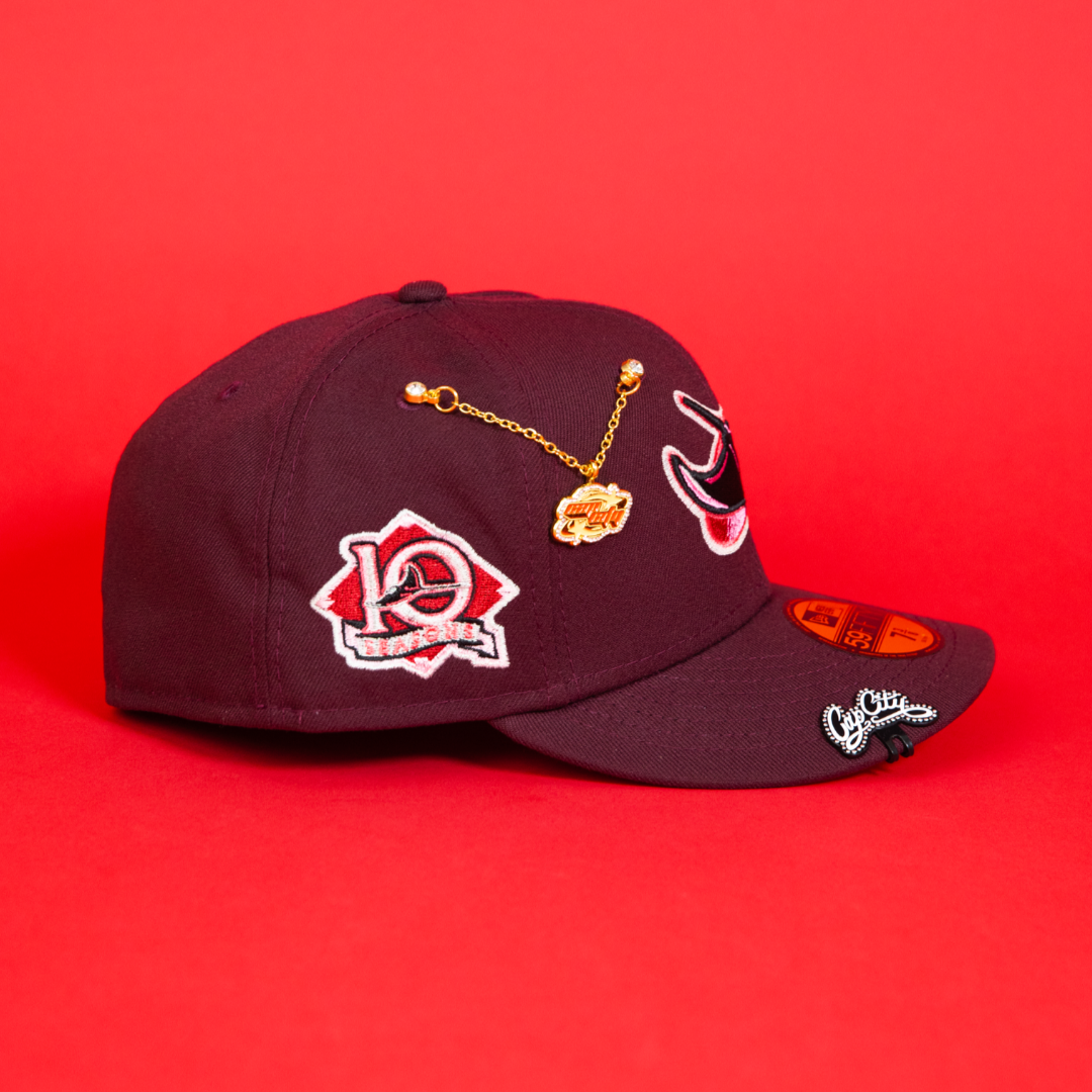NEW ERA EXCLUSIVE 59FIFTY BURGUNDY TAMPA BAY DEVILRAYS W/ 10TH SEASON SIDE PATCH