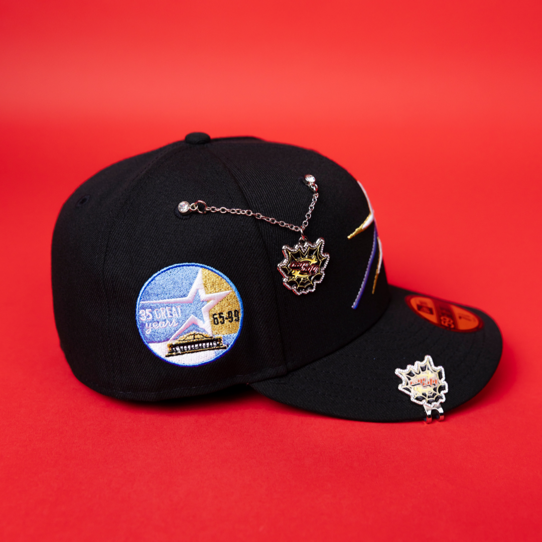 NEW ERA EXCLUSIVE 59FIFTY BLACK HOUSTON ASTROS W/ BLUE ROSE + "35 GREAT YEARS" SIDE PATCH
