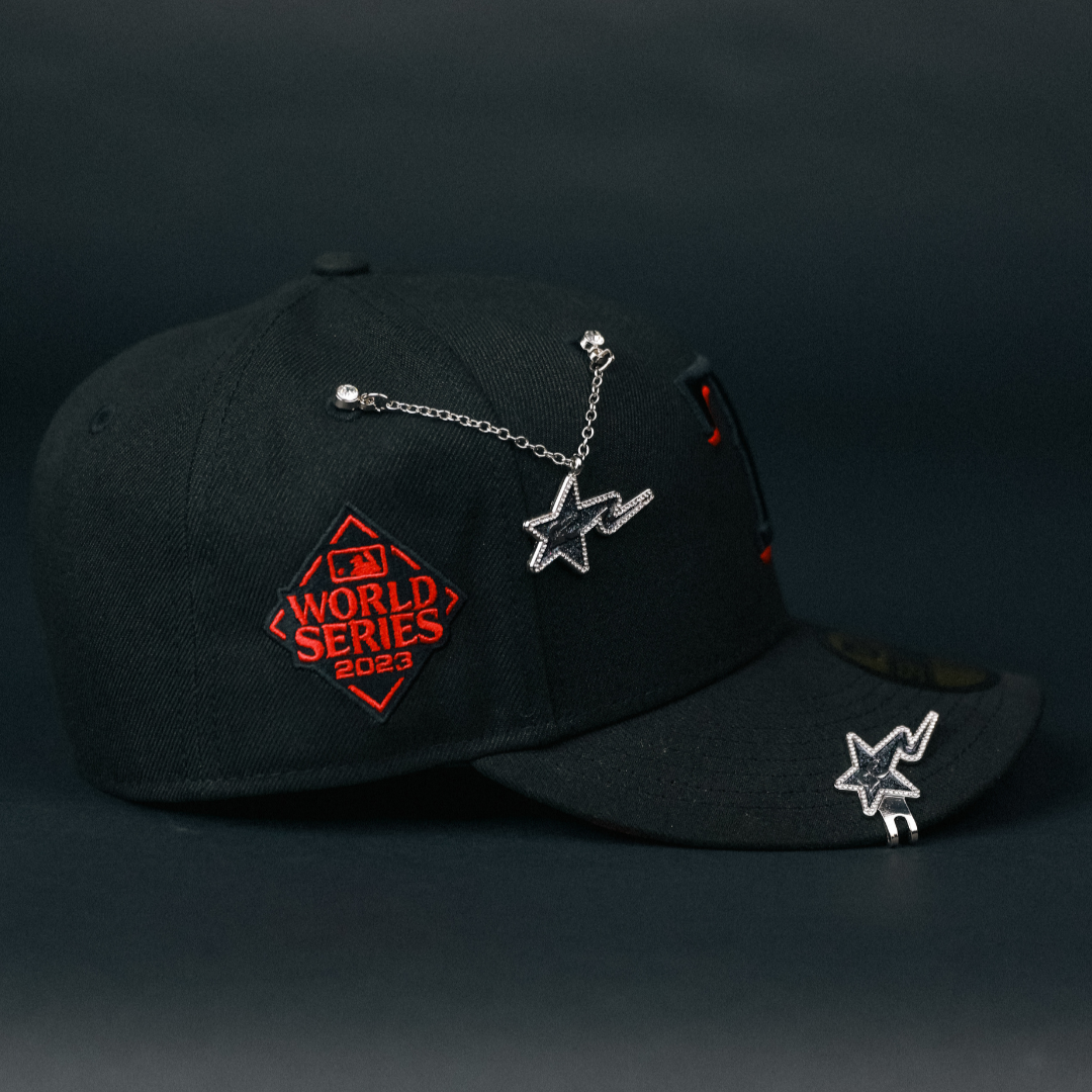 NEW ERA EXCLUSIVE 59FIFTY BLACKED OUT TEXAS RANGERS W/ WORLD SERIES SIDE PATCH