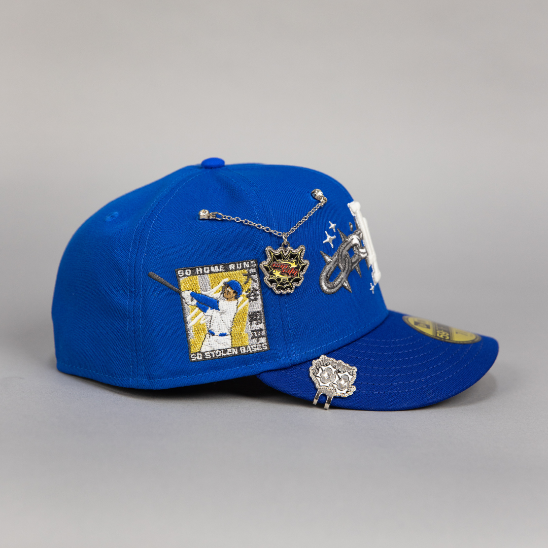 NEW ERA EXCLUSIVE 59FIFTY BLUE LOS ANGELES DODGERS W/ EMBROIDERY + SHOHEI OHTANI 50-50 CLUB SIDE PATCH