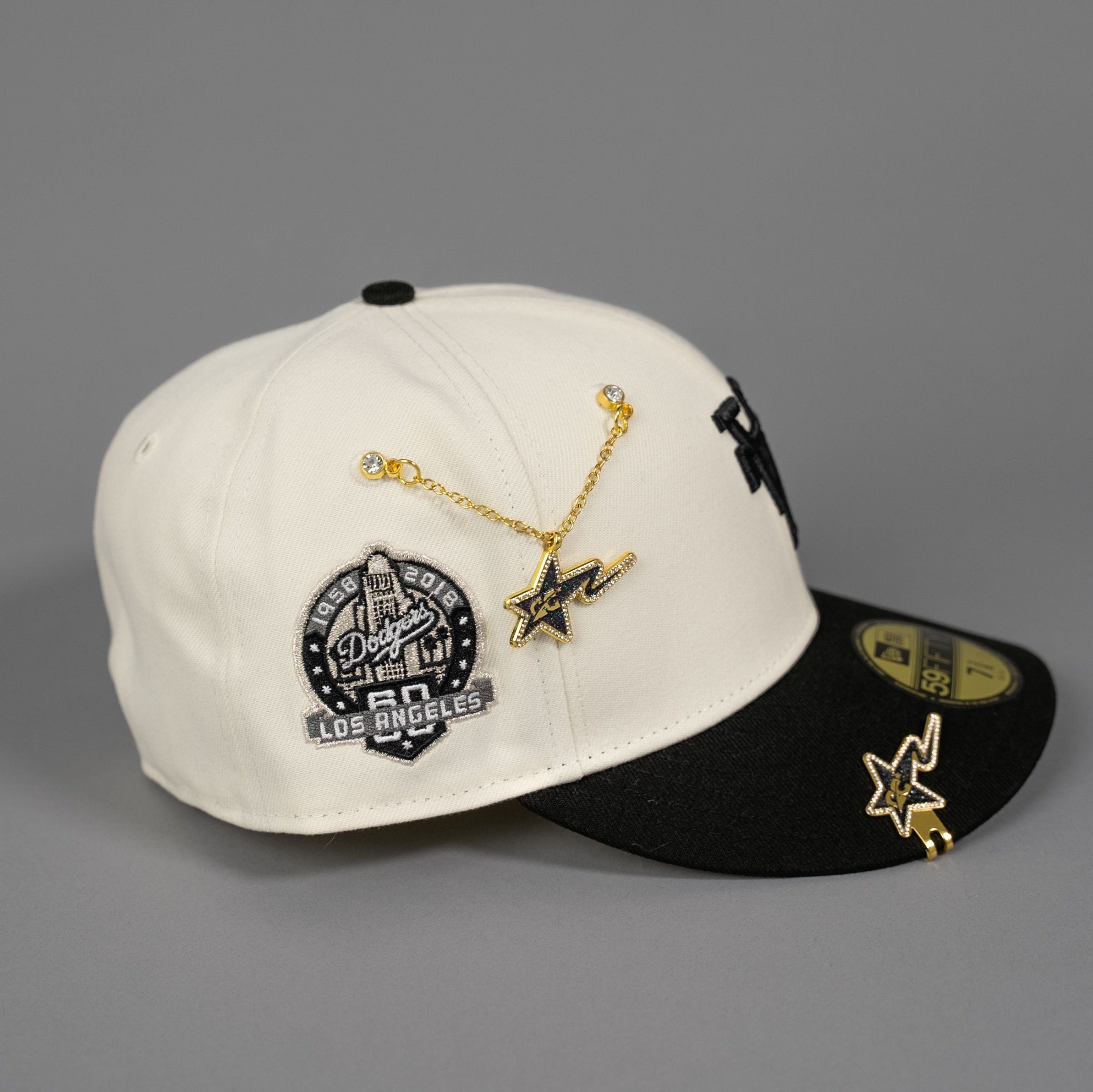 NEW ERA EXCLUSIVE 59FIFTY CHROME/ BLACK UPSIDE DOWN LOS ANGELES DODGERS W/ 60TH ANNIVERSARY SIDE PATCH