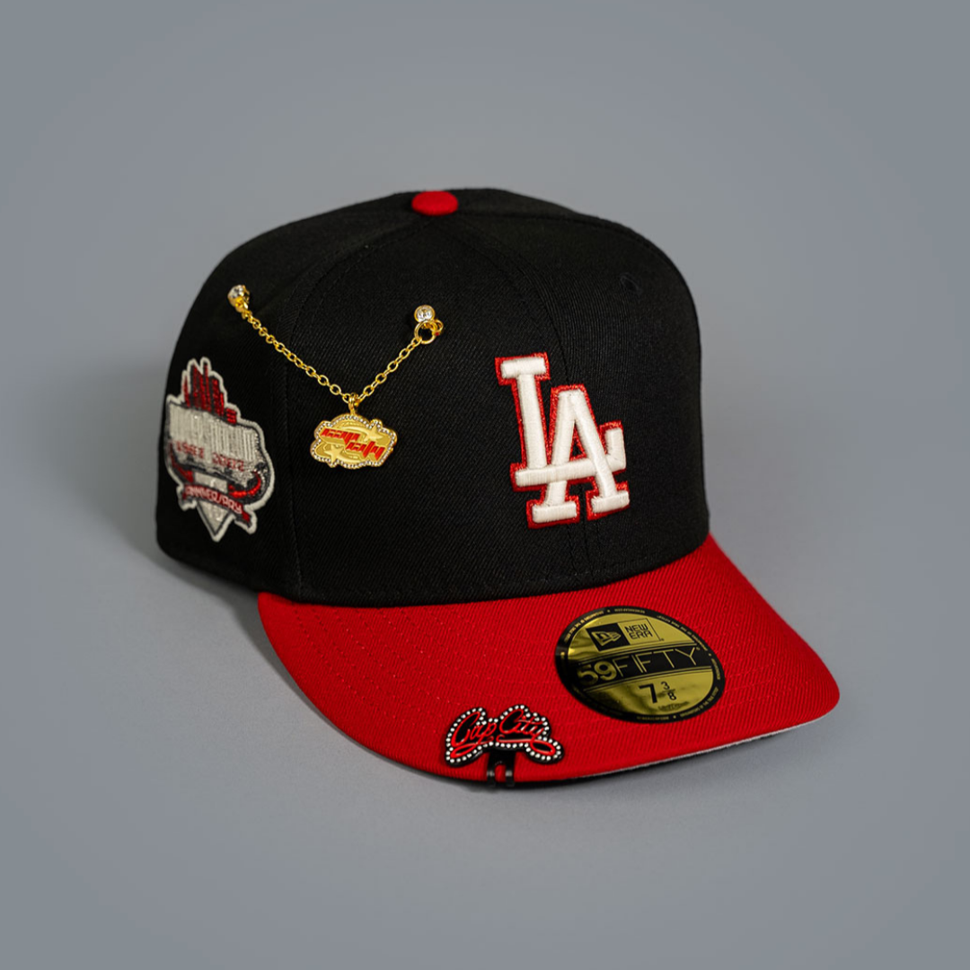 NEW ERA EXCLUSIVE 59FIFTY BLACK/ RED LOS ANGELES DODGERS W/ DODGER STADIUM SIDE PATCH