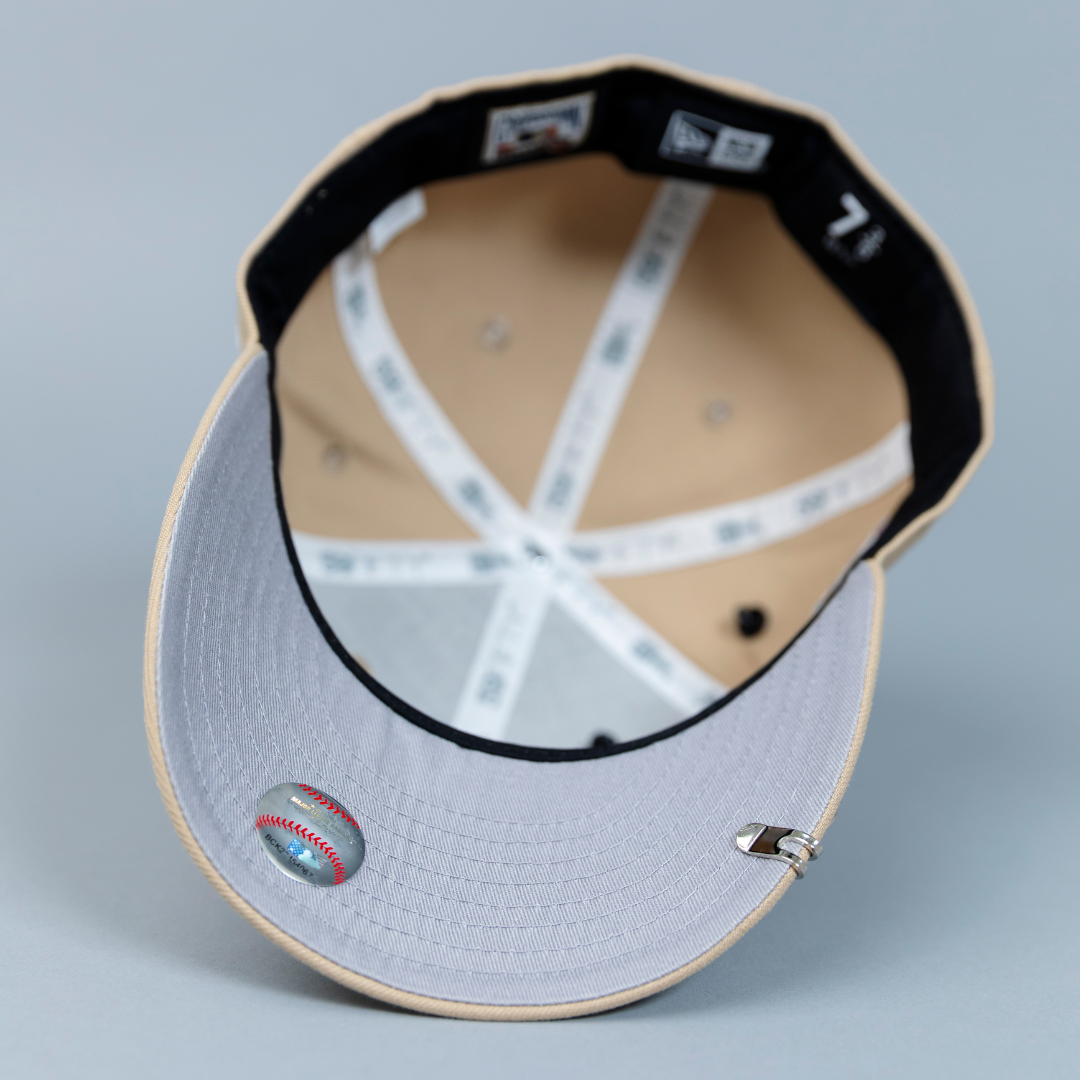 NEW ERA EXCLUSIVE 59FIFTY LIGHT KHAKI UPSIDE DOWN LOS ANGELES DODGERS W/ 60TH ANNIVERSARY SIDE PATCH