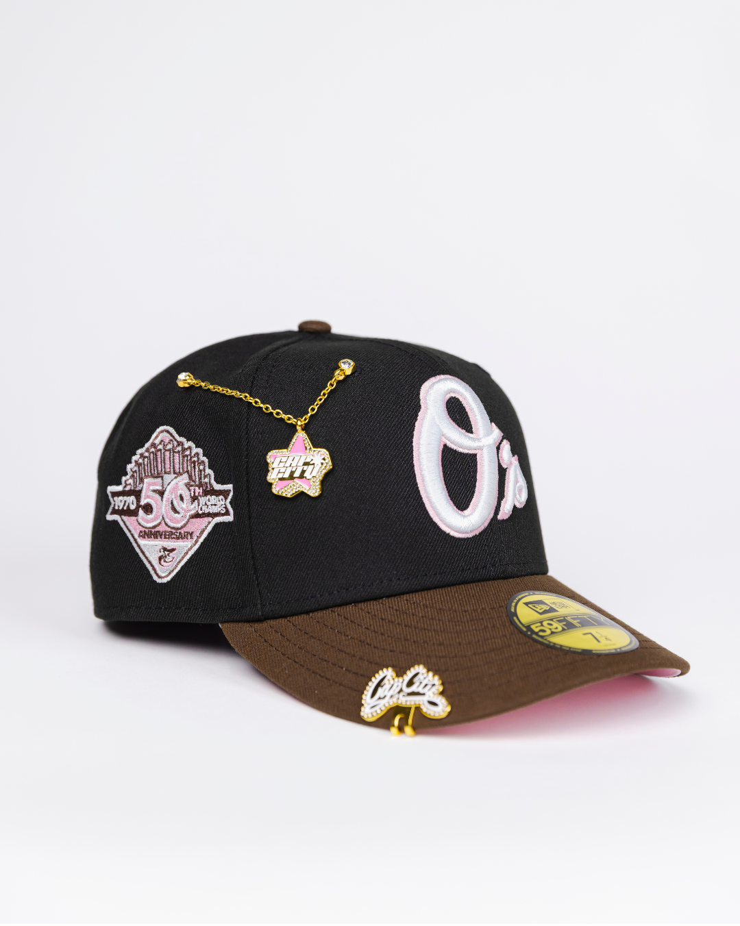 NEW ERA EXCLUSIVE 59FIFTY BLACK/ BROWN BALTIMORE ORIOLES W/ 50TH ANNIVERSARY SIDE PATCH