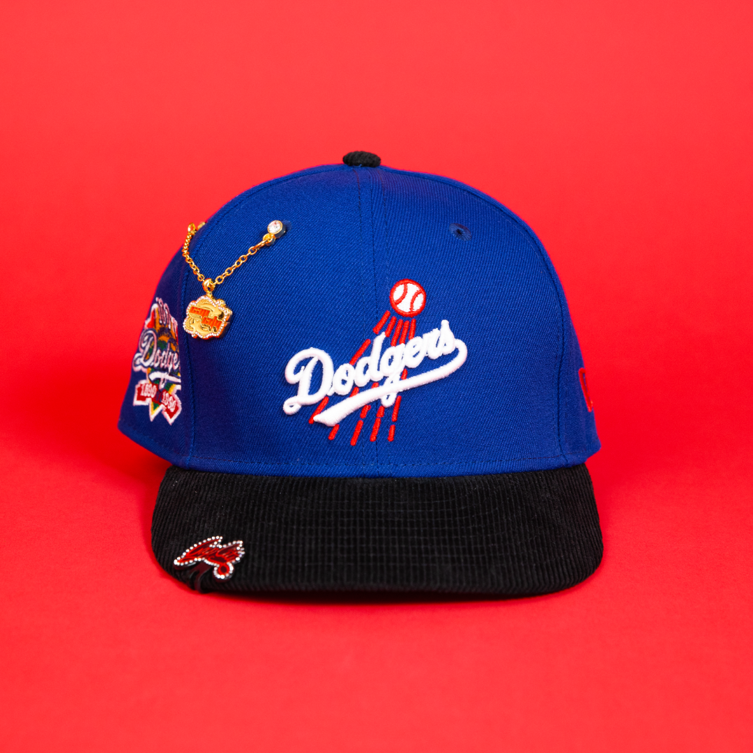 NEW ERA EXCLUSIVE 59FIFTY BLUE/ CORDUROY LOS ANGELES DODGERS SCRIPT W/ 100TH ANNIVERSARY SIDE PATCH