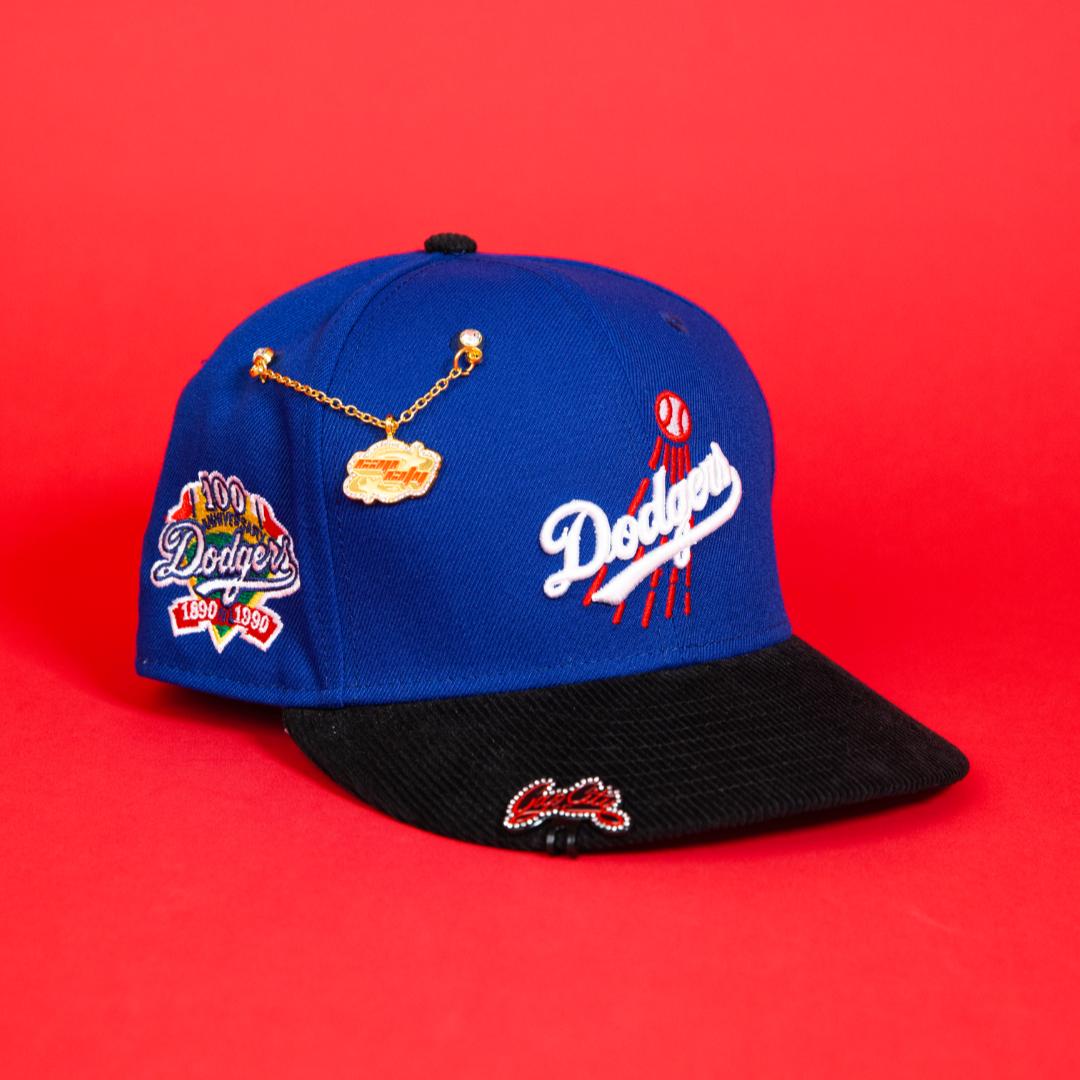 NEW ERA EXCLUSIVE 59FIFTY BLUE/ CORDUROY LOS ANGELES DODGERS SCRIPT W/ 100TH ANNIVERSARY SIDE PATCH