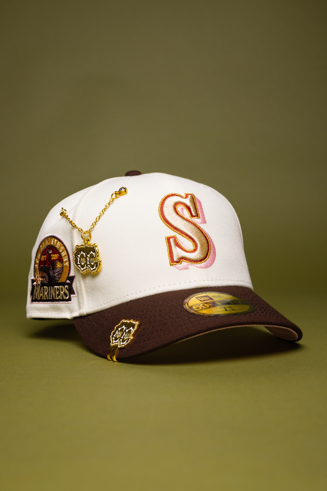 NEW ERA EXCLUSIVE 59FIFTY CHROME/BROWN SEATTLE MARINERS W/ ANNIVERSARY SIDE PATCH