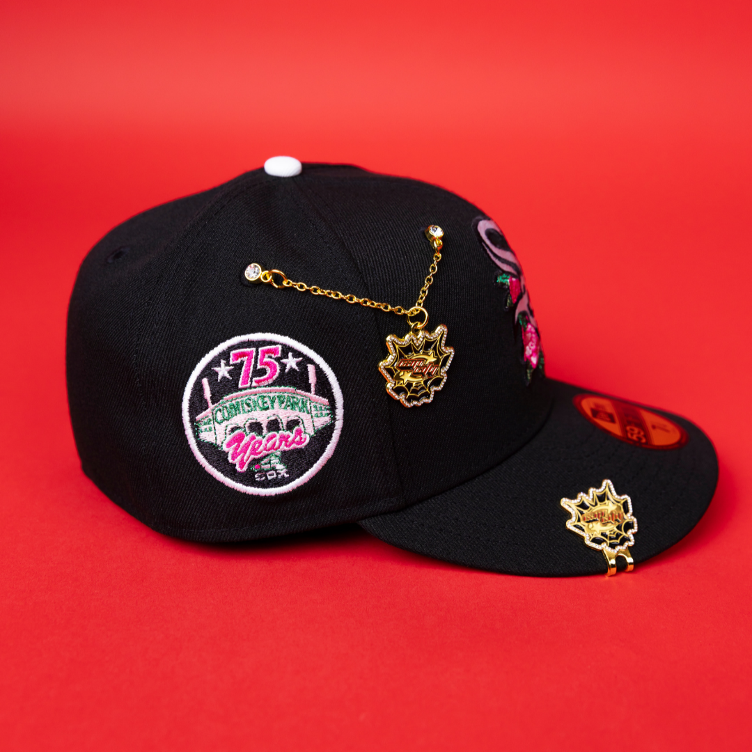 NEW ERA EXCLUSIVE 59FIFTY BLACK CHICAGO WHITE SOX W/ PINK ROSES + COMISKEY PARK SIDE PATCH