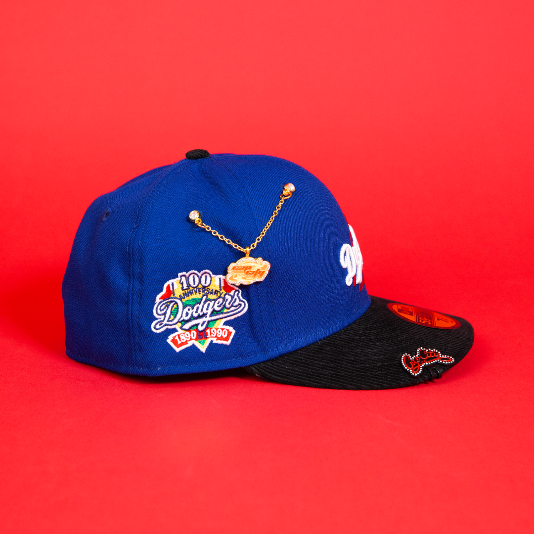 NEW ERA EXCLUSIVE 59FIFTY BLUE/ CORDUROY LOS ANGELES DODGERS SCRIPT W/ 100TH ANNIVERSARY SIDE PATCH