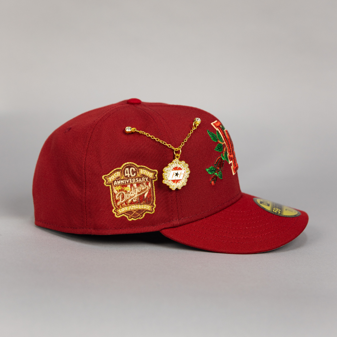 NEW ERA EXCLUSIVE 59FIFTY MAROON LOS ANGELES DODGERS W/ EMBROIDERY + 40TH ANNIVERSARY SIDE PATCH