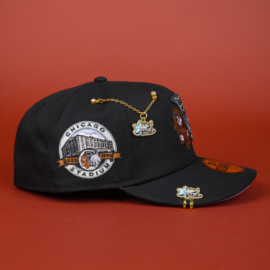 NEW ERA EXCLUSIVE 59FIFTY BLACK CHICAGO BLACKHAWKS W/ CHICAGO STADIUM SIDE PATCH