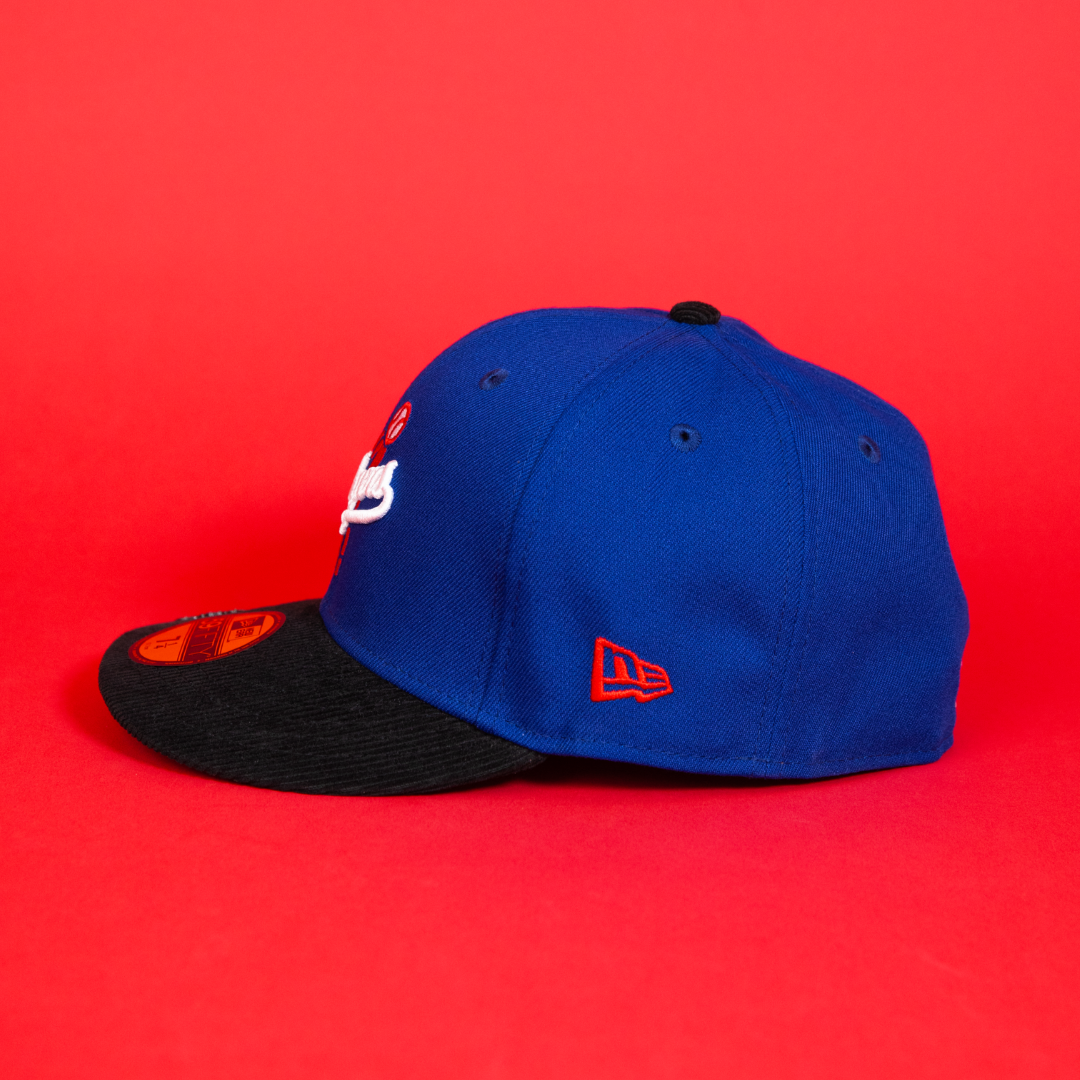 NEW ERA EXCLUSIVE 59FIFTY BLUE/ CORDUROY LOS ANGELES DODGERS SCRIPT W/ 100TH ANNIVERSARY SIDE PATCH