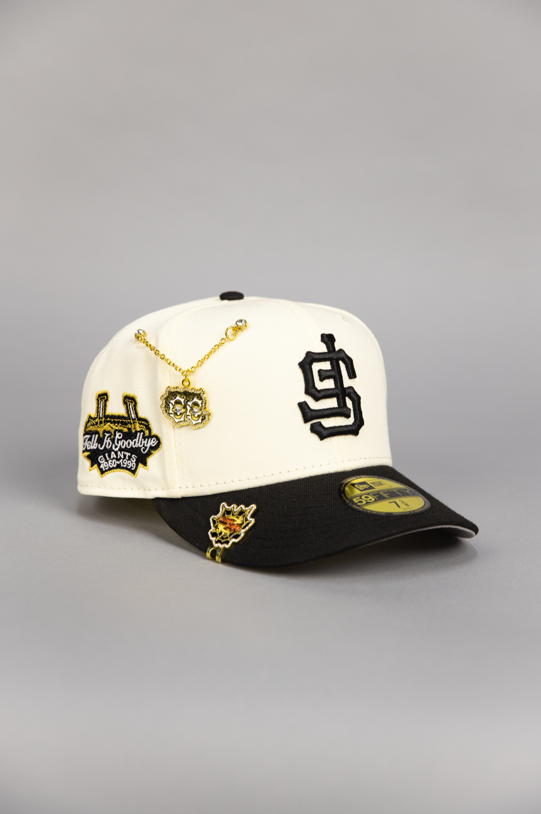 NEW ERA EXCLUSIVE 59FIFTY CHROME/ BLACK UPSIDE DOWN SAN FRANCISCO GIANTS W/ "TELL IT GOODBYE" SIDE PATCH
