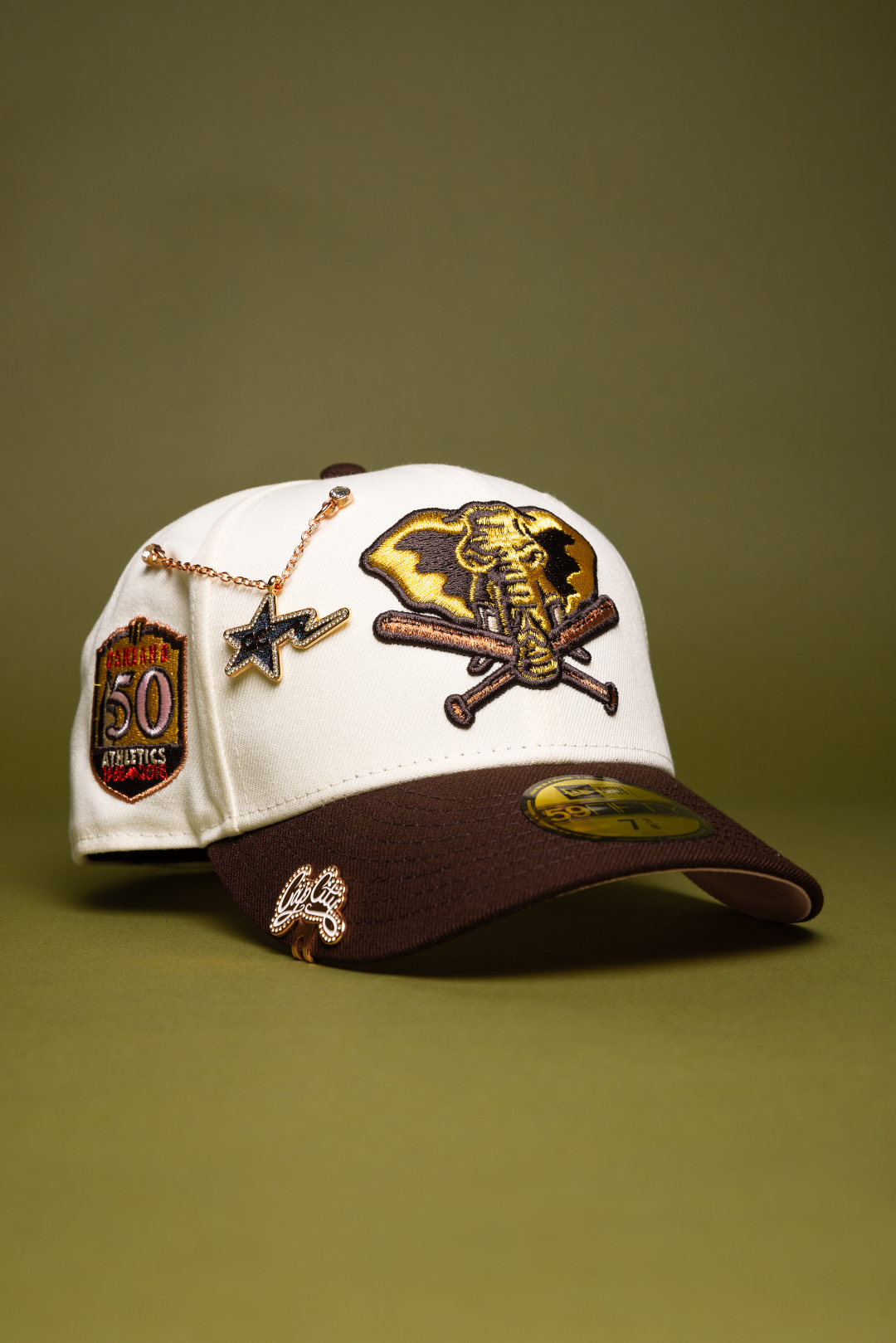 NEW ERA EXCLUSIVE 59FIFTY CHROME/BROWN OAKLAND ATHLETICS W/ 50TH ANNIVERSARY SIDE PATCH