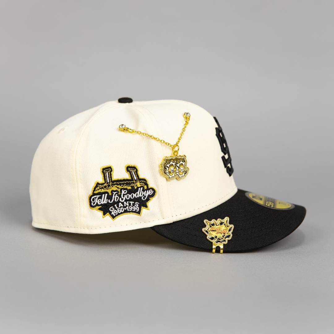 NEW ERA EXCLUSIVE 59FIFTY CHROME/ BLACK UPSIDE DOWN SAN FRANCISCO GIANTS W/ "TELL IT GOODBYE" SIDE PATCH