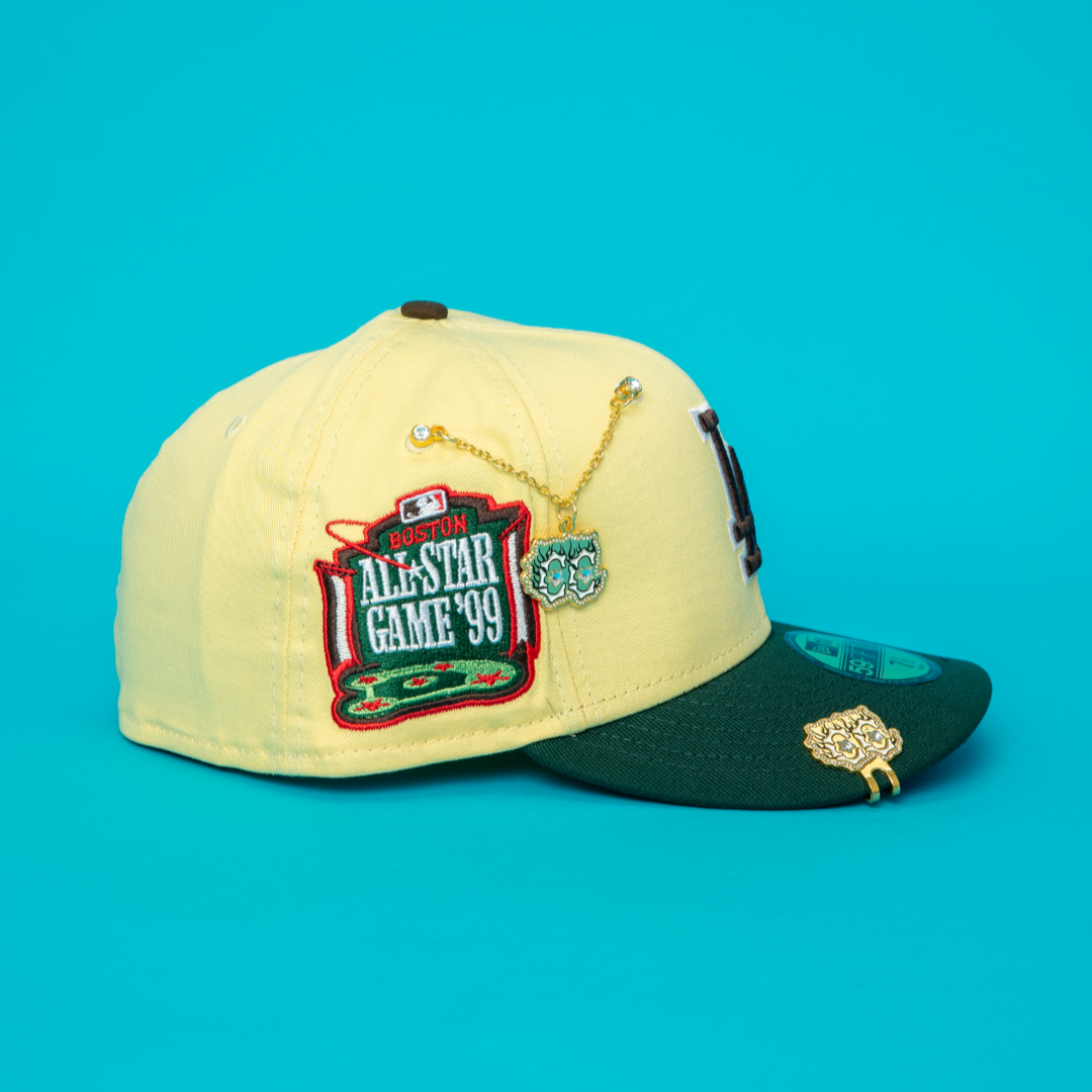 NEW ERA EXCLUSIVE 59FIFTY VEGAS GOLD/ FOREST GREEN LOS ANGELES DODGERS W/ 1999 ALL STAR GAME SIDE PATCH