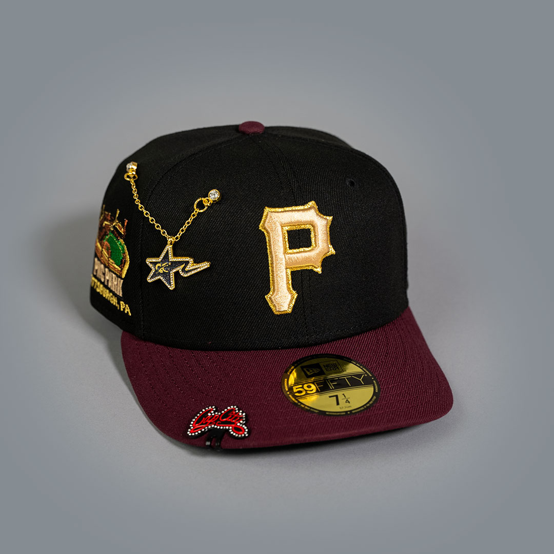 NEW ERA EXCLUSIVE 59FIFTY BLACK/ BURGUNDY PITTSBURGH PIRATES W// PNC PARK SIDE PATCH