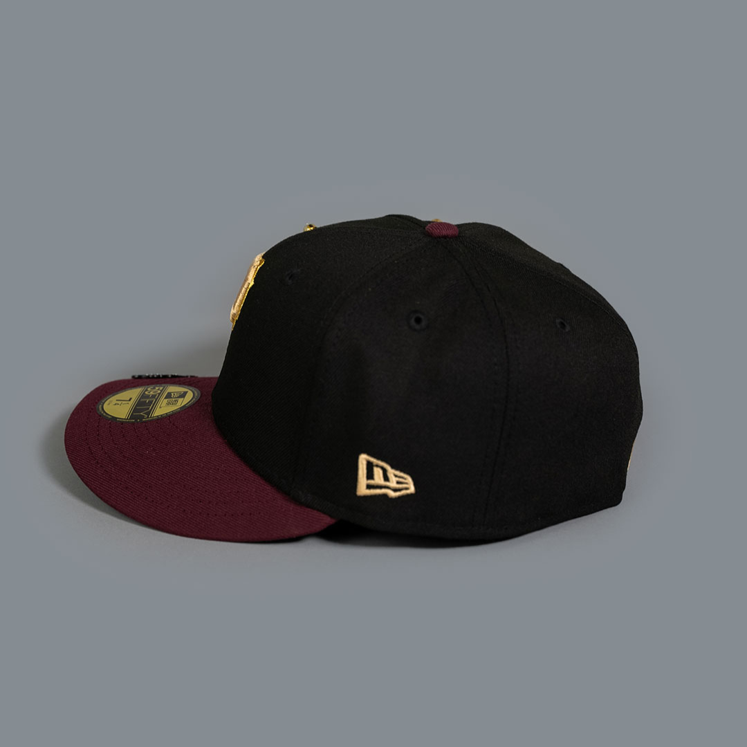 NEW ERA EXCLUSIVE 59FIFTY BLACK/ BURGUNDY PITTSBURGH PIRATES W// PNC PARK SIDE PATCH