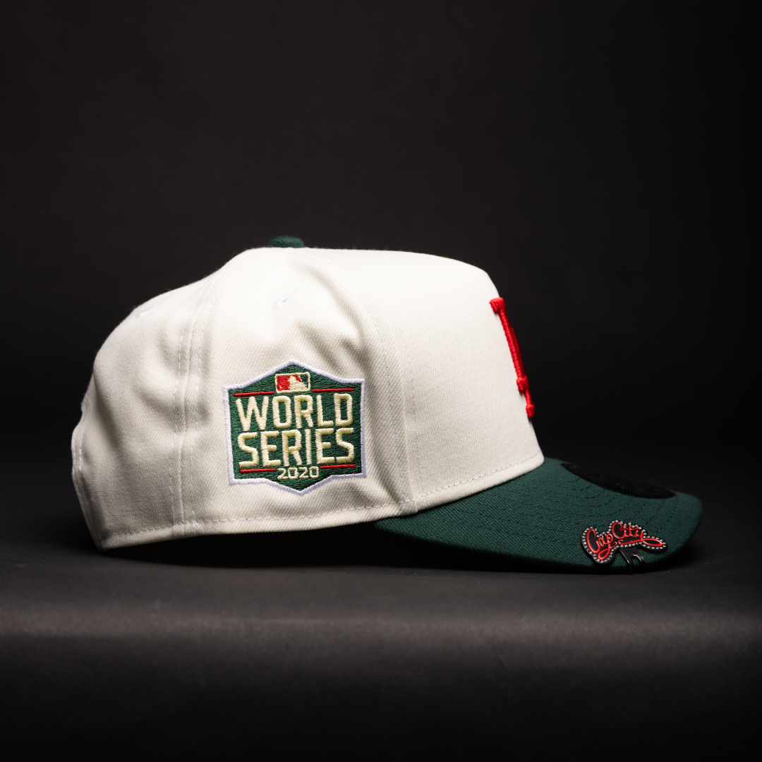 NEW ERA 9FIFTY A-FRAME CHROME/FOREST GREEN LOS ANGELES DODGERS SNAPBACK W/ 2020 WORLD SERIES SIDE PATCH